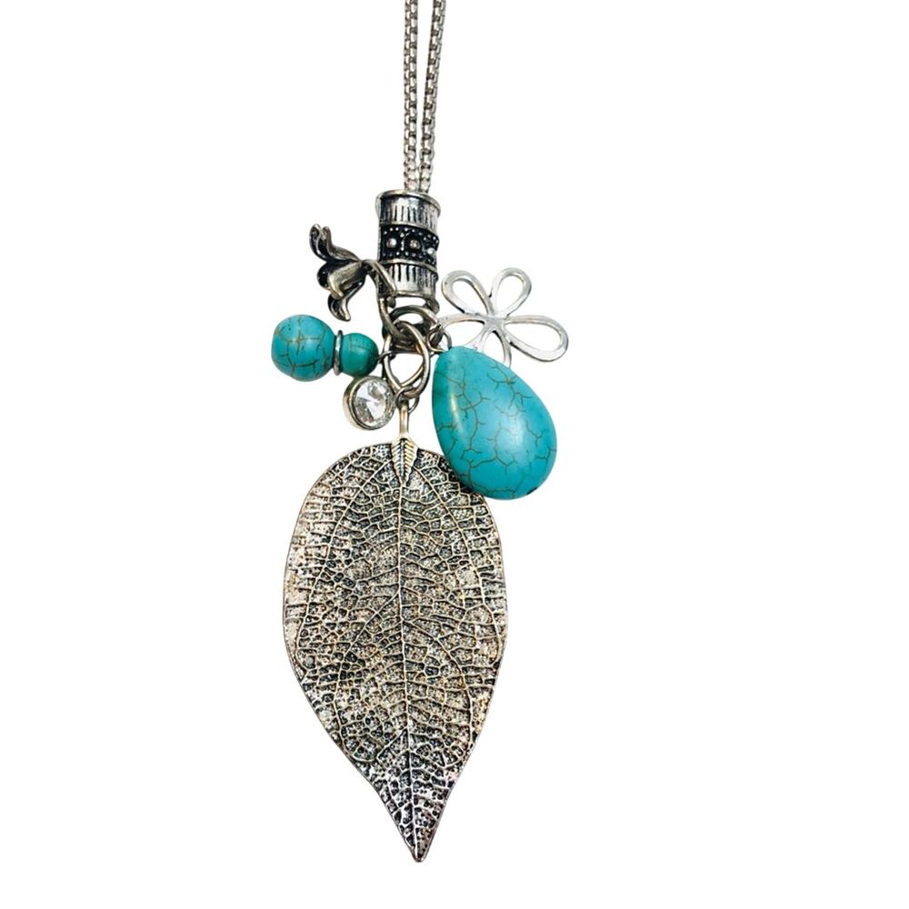 Trendy Long Necklace Faux Silver Turquoise Charms - Picture 7 of 16